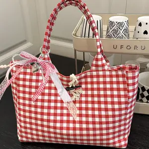 Plaid Canvas Handbag with Lace Bow and Pearl Pendant, Large Capacity Fashion Commuter Shoulder Bag, Lightweight Casual Basket Bag, Elegant Commuter Bag