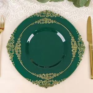 10-Pack Plastic Round Dessert Plates 8" Hunter Emerald Green with Gold Leaf Embossed Rim - Vintage Baroque Style Disposable Salad Plates