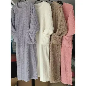 1pcCozyFall/WinterWomen'SCrewNeckCoralFleeceNightgown-CasualSolidColorKnitFabricLongSleeveAdultNightDresses,WarmAnkle-LengthLoungewear