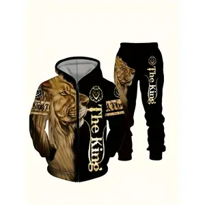 Men's Casual Suit Animal Lion 3D Digital Printing Hoodie Set, Long Sleeve Sweatshirt + Pants Set Men's Sports Suit