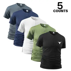Pack of 5 men’s Henley-collar short-sleeve T-shirts, summer fitness wear slim-fit athletic tops with bull head print