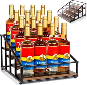 Coffee Syrup Organizer Rack, Liquor Bottle Display Shelf, 4 Tier 16 Syrup Bottles Holder Stand for Coffee Bar Kitchen Small Wine Rack for Family Storage for Syrup Wine Dressing