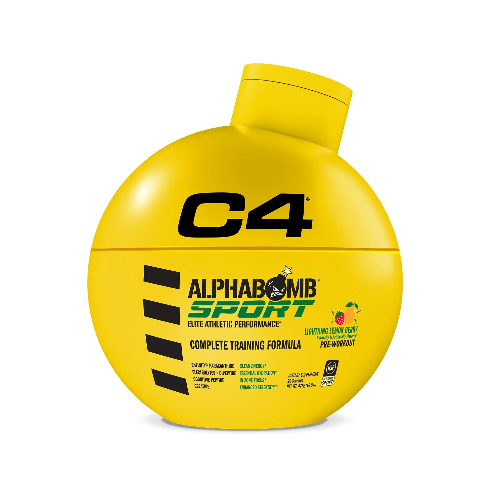 C4 AlphaBomb Sport Lightning Pre Workout Complete Training Formula, Energy Hydration, Focus & Strength, Lemon Berry, 20 Servings