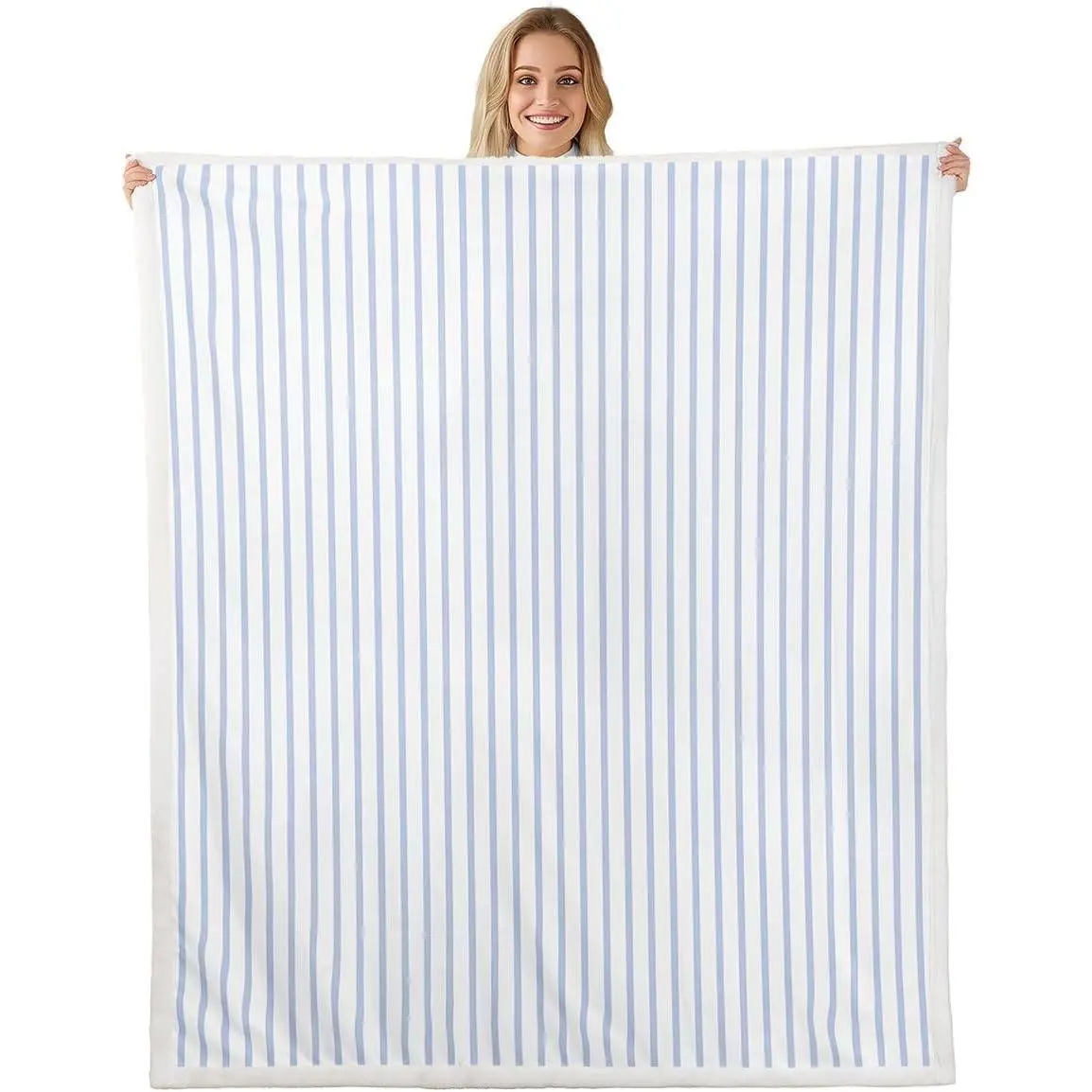 Blue and White Striped Fleece Blanket | Modern Striped Sherpa Blanket Geometric White and Blue Pinstripe Fuzzy Plush Throw Minimalists Stripes Decor