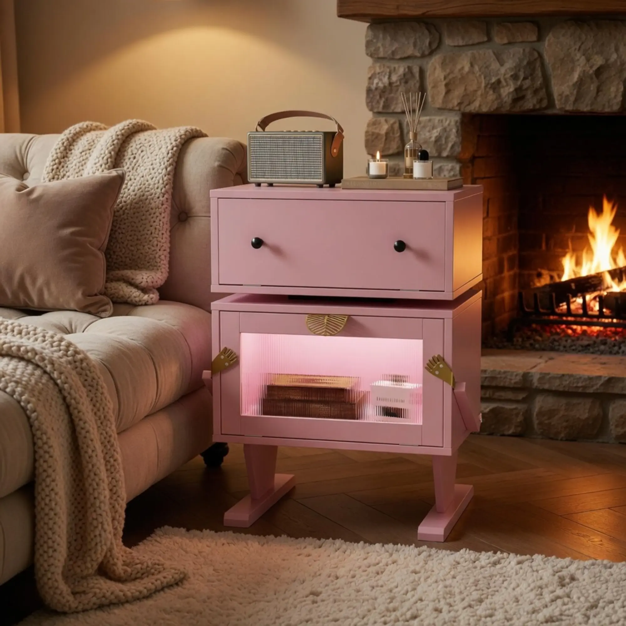 Adorable Pink Robot-Shaped LED Nightstand, 20.7" Wide, 360° Rotating Drawer, Eco-Friendly Materials, Perfect for Bedrooms, Living Rooms, Nurseries, and Home Offices, Built-in Adjustable LED Light Strips