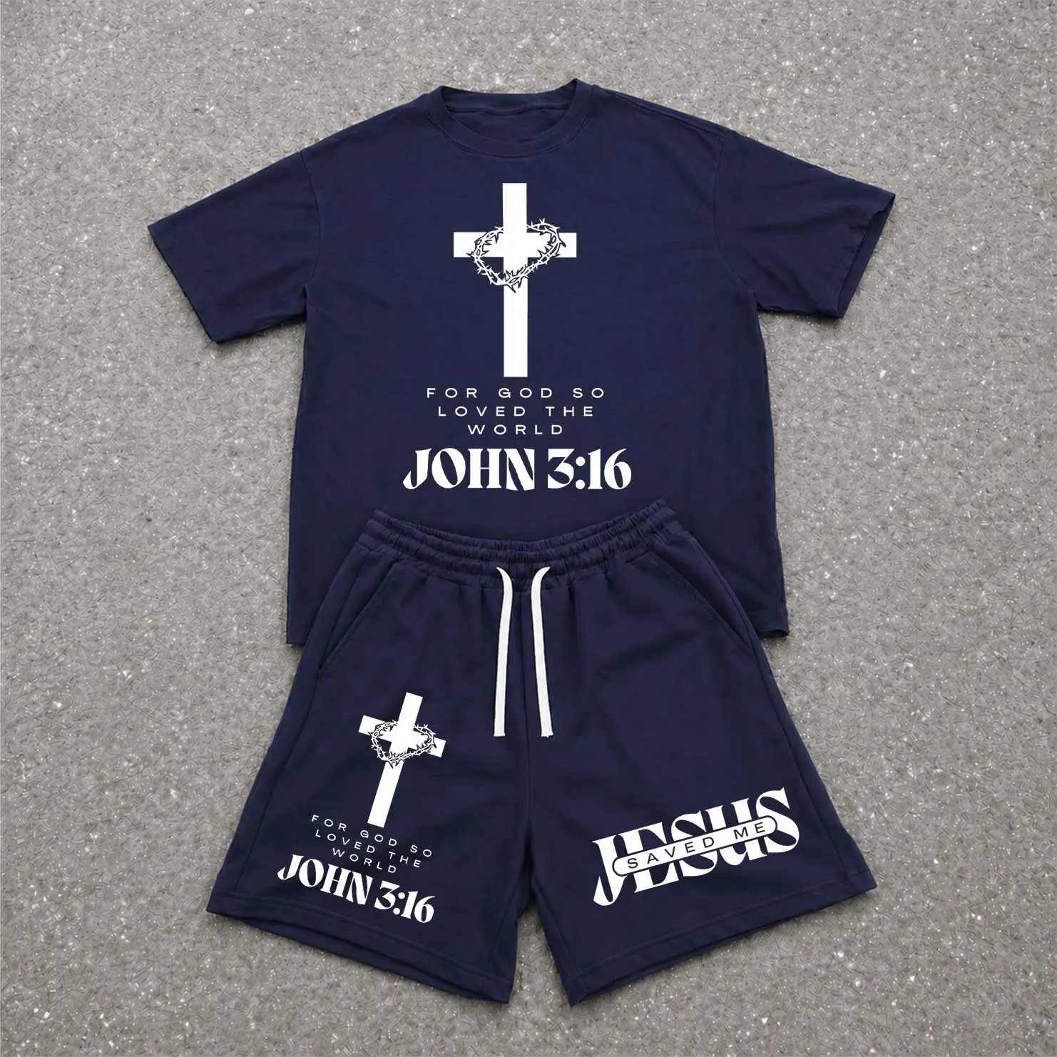 Men's 2-Piece Casual Menswear Set - Soft Minimalist Shortsleeve Polyester Fabric T-Shirt with Steel Cross Jesus Saved Me Hiphop Letter Print, Loose Drawstring Shorts, Athletic Lightweight Breathable Outfit for Streetwear, Vacation,father'sdaygifts