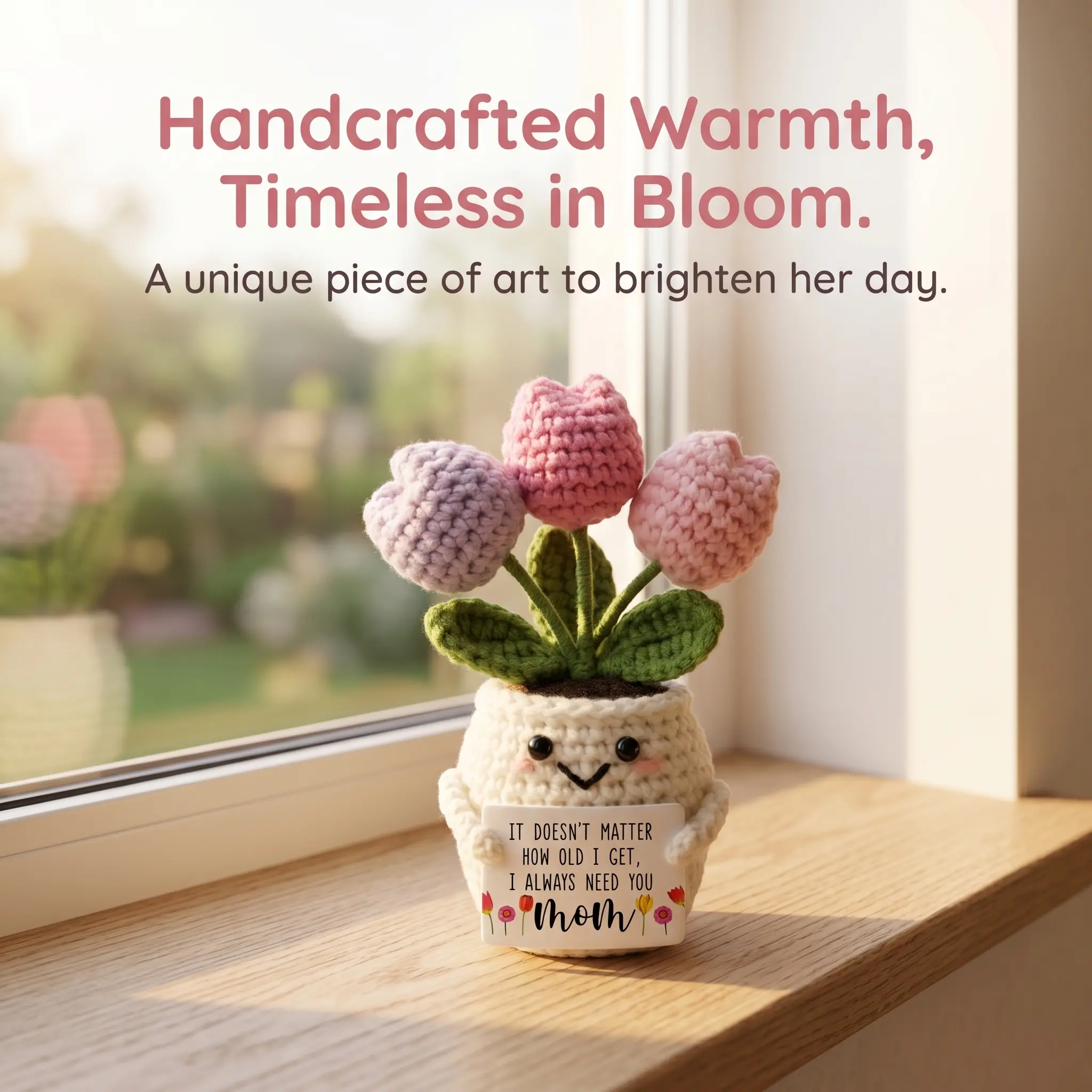 Knitted Tulip Potted Plant Plush, Handmade Crochet Flower Pot for Mom, Grandma, Colleague, No Maintenance Everlasting Gift for Family & Office-YY0