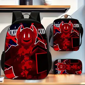 Roblox Demon Character 3-Piece Backpack Set, Red Game Print School Bag + Lunch Bag + Pencil Case, Oxford Cloth Adjustable Strap Daypack for Fans & Kids