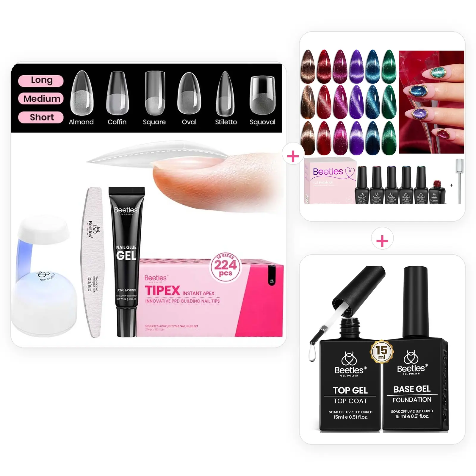 Beetles Gel Polish Manicure Set with Instant Apex Nail Tips, 6-Color Cat Eye Gel Polish, 15ml Base & Top Coat - Complete Nail Art Care Kit with Multiple Shapes, Glossy for DIY Manicures
