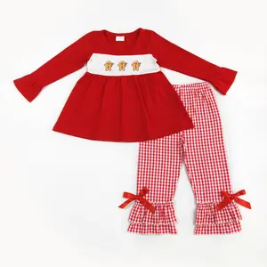 Christmas red gingerbread plaid Print Pants Girls set