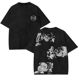 Kamado Tanjiro Akaza Upper Moon Rank 3 Infinity Castle Demon Slayer Kimetsu No Yaiba Anime Double Printed Acid Washed T-Shirt Tops Graphic Tee American Made Oversized 100% Cotton S-5XL casual streetwear menswear streetwear graphic tee Fabric