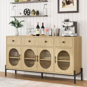 OUTGOODS 62" Large Buffet Cabinet, Modern Farmhouse Sideboard Buffet Cabinet with 3 Drawers & Adjustable Shelves, Wooden Storage Unit for Living Room, Entryway