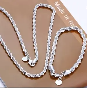 Silver 4mm Cuban Chain Necklace and Bracelet Set Made in Italy Elegant Jewelry for Women necklaces men
