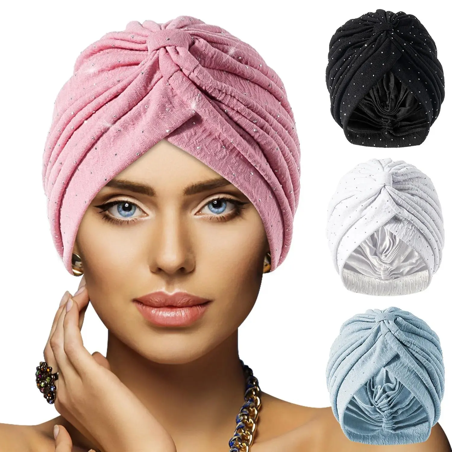 Unisex Pre-Tied African Headwrap - Plain Solid Color Turban Bonnet Cap with Rhinestone Accent