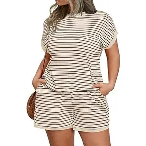 Tankaneo Womens Plus Size Stripe Lounge Set 2 Piece Outfits Short Sleeve Pullover Top & High Elastic Waist Shorts Summer Casual Loungewear Nightwear Pajama Set