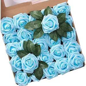 TINGE TIME Light Blue Flowers, Fake Flowers for Decoration Rose with Stem, 25pcs Rose Artificial Flowers for DIY Wedding Bouquets, Centerpieces, Bridal Shower, Party, Flower Arrangements Decorations Decorative Fruit