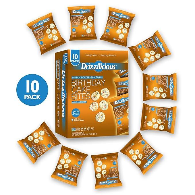 Drizzilicious Birthday Cake Mini Rice Cakes - Gluten-Free, Vegan, Crunchy & Healthy Snack, 90 Calories per Bag, 0.74 oz (Pack of 10)