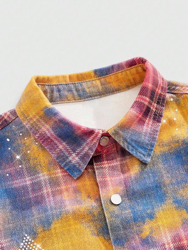 Men Plaid Short Sleeve Denim Shirt with Rhinestone Detail for Casual Street Wear funny graphic tee funny shirts for men funny shirts 90s graphic tees men sweatsuit set 67 shirt cute boyfriend gifts fall clothes dad christmas gift clearance