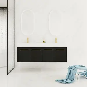 60 Inch Wall-Mounted Bathroom Vanity with Sink, Thick Edged Double Resin Sink, KD-Package