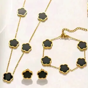 18k Gold Plated Five-Leaf Flower Necklace Earrings Bracelet Jewelry Set for Women - Fashion Party Jewelry, Daily Wear, Shamrock Design woman exquisite trendy