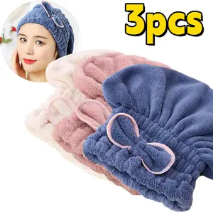 Women's Shiny Shower Hair Caps (3pcs, Random Colors) - Quick-Drying Ultra-Fine Fiber Head Covers with Pink Bows, Essential for Bathroom Use & Travel