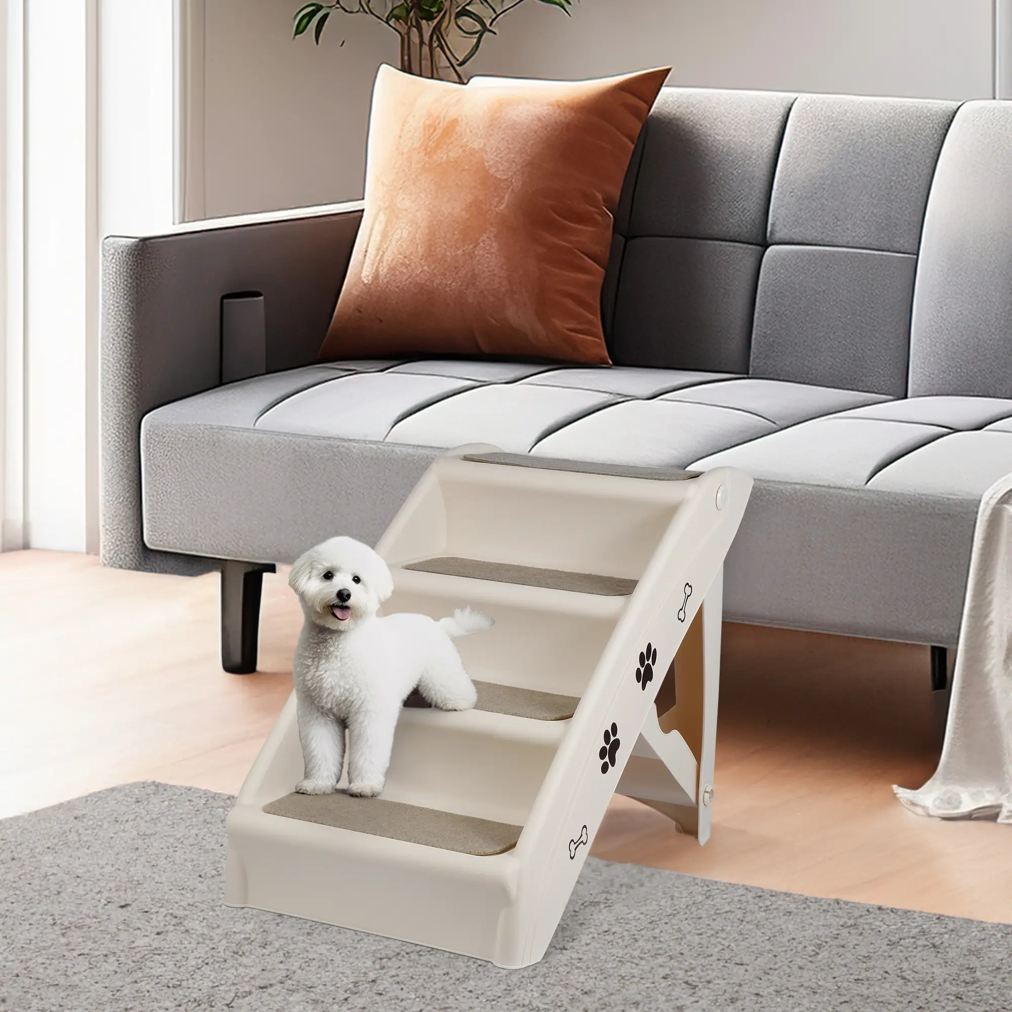 Zeny 4-Step Plastic Pet Stairs - Portable, No Assembly Needed, Foldable, Non-Slip Indoor Mobility Aid with Safety Rails, Washable Carpets for Small Cats/Dogs (100lbs Capacity, 23.8in L x 15.5in W x 19.3in H)