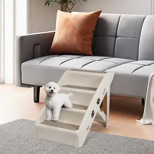 ZENY Foldable Pet Stairs 4 Steps Non-slip Cat Dog Ramp Ladder W/ Washable Carpets for Couch, Bed, Vehicle, Beige