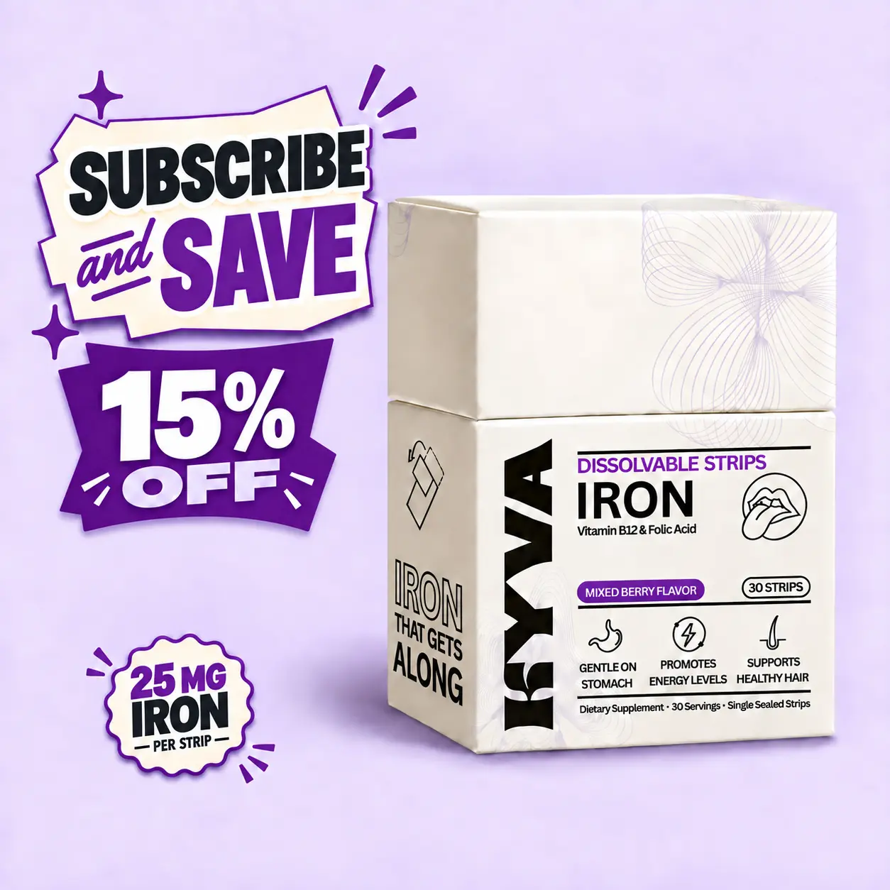 KYVA Iron Strips (30 Pack) - Fast Dissolving Iron Supplement - Supports Energy & Daily Wellness - Gentle on Stomach - Supports Healthy Hair - No Pills - No Water - Vegan Friendly - Gluten Free - Iron - Folic Acid - Vitamin B12
