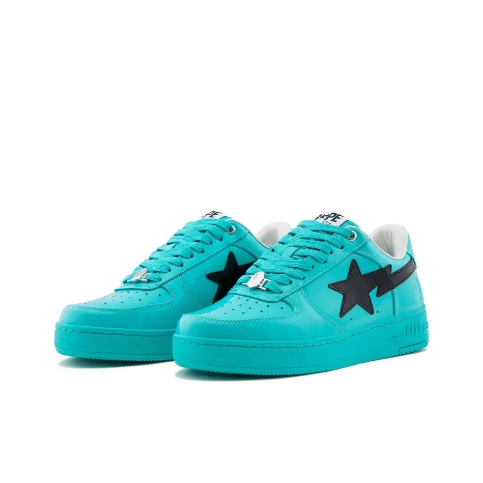 Smooth Glossy Cyan Leather Low Cut Sneakers Light Foam Insole Dust Resistant Surface Suitable For Hip Hop Outfits Campus Travel Short Trips