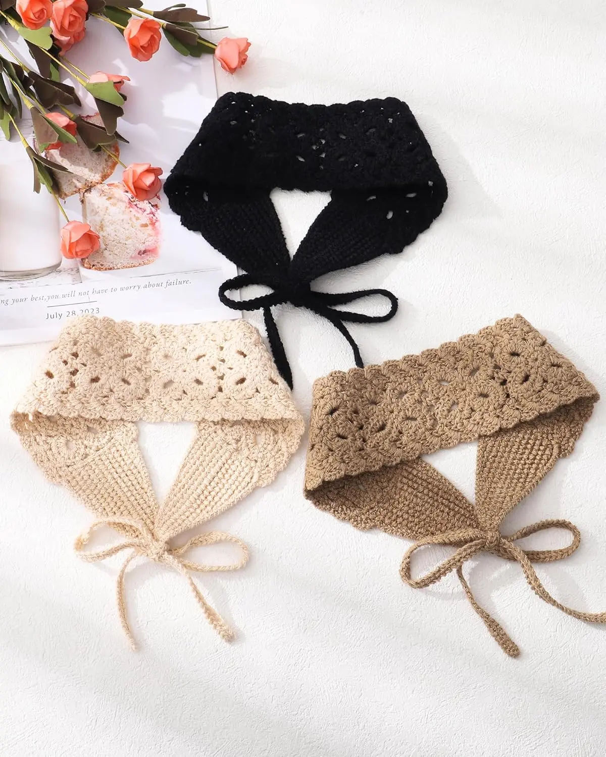 Handmade Crochet Headbands for Women, 3-Pack Boho Floral Hair Bandana with Adjustable Ties, Soft Stretchy Fabric for Daily Wear & Yoga, Floral Hairband, Female, Excellent Gift For Women And Girls, Birthday, Breathable Head Wrap, Boho Hair, Hair Styling Ac