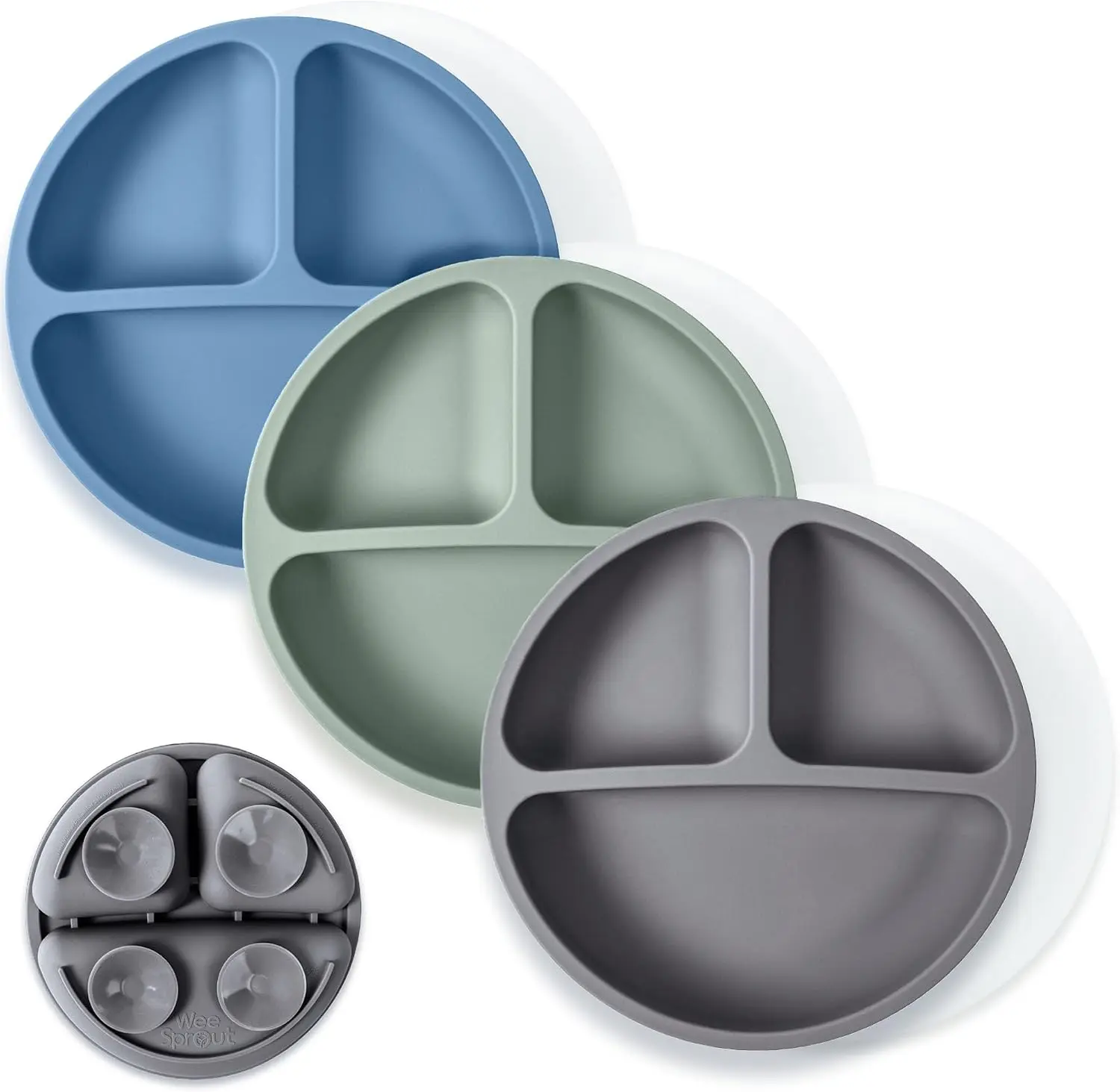 Suction Plates with Lids for Babies & Toddlers - 100% Silicone, Dinnerware Stays Put, Divided Design for Picky Eaters, Microwave & Dishwasher Friendly, 3 Pack