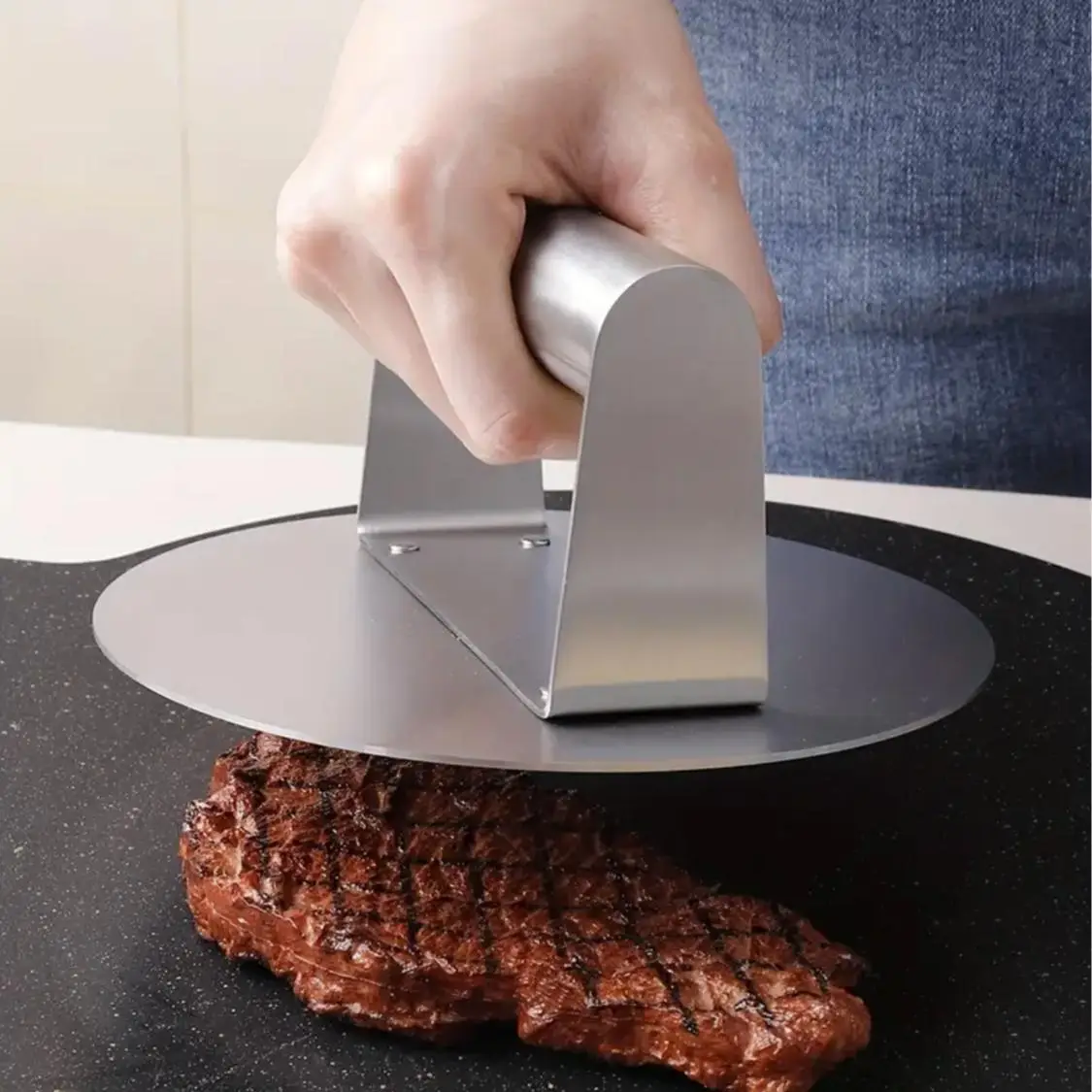 Stainless Steel Round Burger Press, 1 Count Hamburger Press, Multifunctional Manual Meat Patty Maker, Flat Bottom Bacon Press, Cooking Tool, Kitchen G