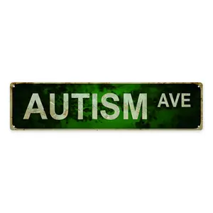 Vintage “Autism Ave” Metal Sign | 2D Flat Distressed Green & White Street Sign | Autism Awareness Wall Decor | Large 16x4 Inches (40x10cm) for Home or Office