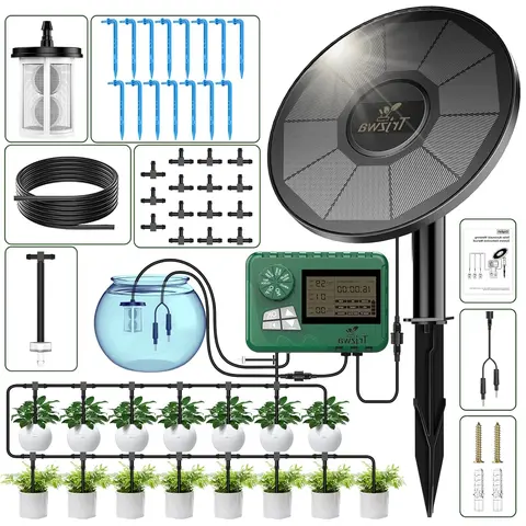 2025 Latest Smart Solar Drip Irrigation System Kit with Anti-Siphon Automatic DIY Water Timer, Easy Installation, 15m Hose, Tee-Head & Irrigation Drippers, 2 Screw Kits, Buzzer Alarm for Potted Plants (Balcony, Indoor-Outdoor Garden Use)
