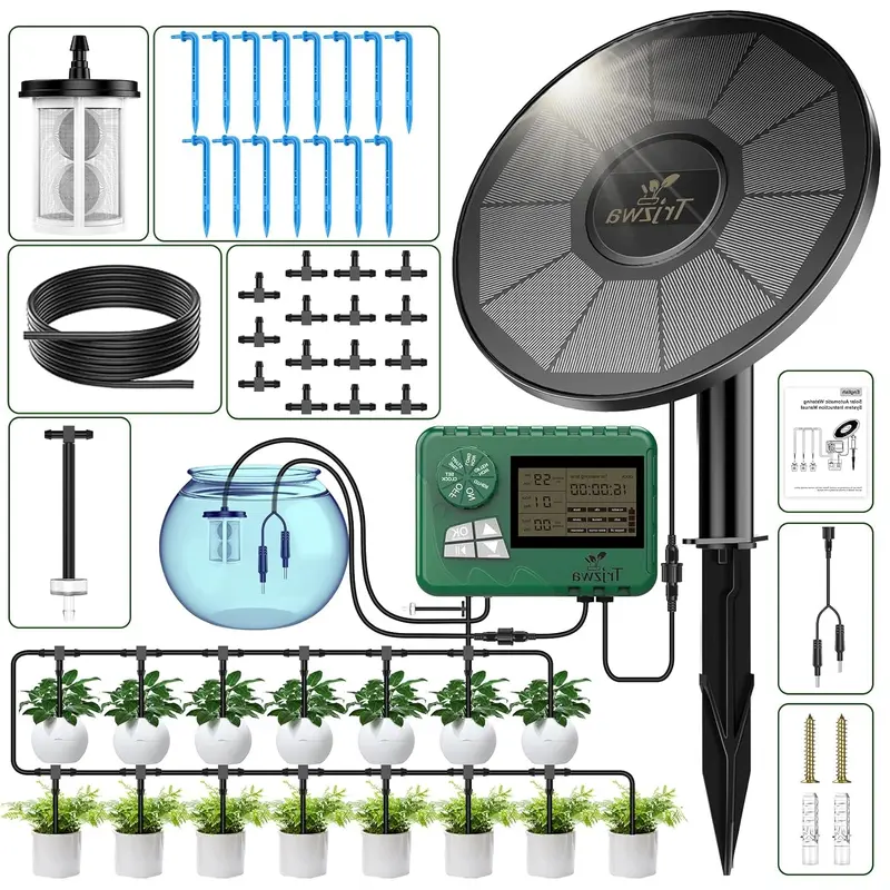 2025 Latest Smart Solar Drip Irrigation System Kit with Anti-Siphon Automatic DIY Water Timer, Easy Installation, 15m Hose, Tee-Head & Irrigation Drippers, 2 Screw Kits, Buzzer Alarm for Potted Plants (Balcony, Indoor-Outdoor Garden Use)