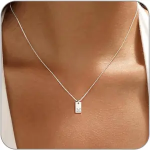 Initial Necklaces for Women Dainty 14K Gold Plated Necklaces Silver Initial Name Necklace Letter A-Z Tag Pendant Personalized Gold Jewelry Valentine's Day Gifts