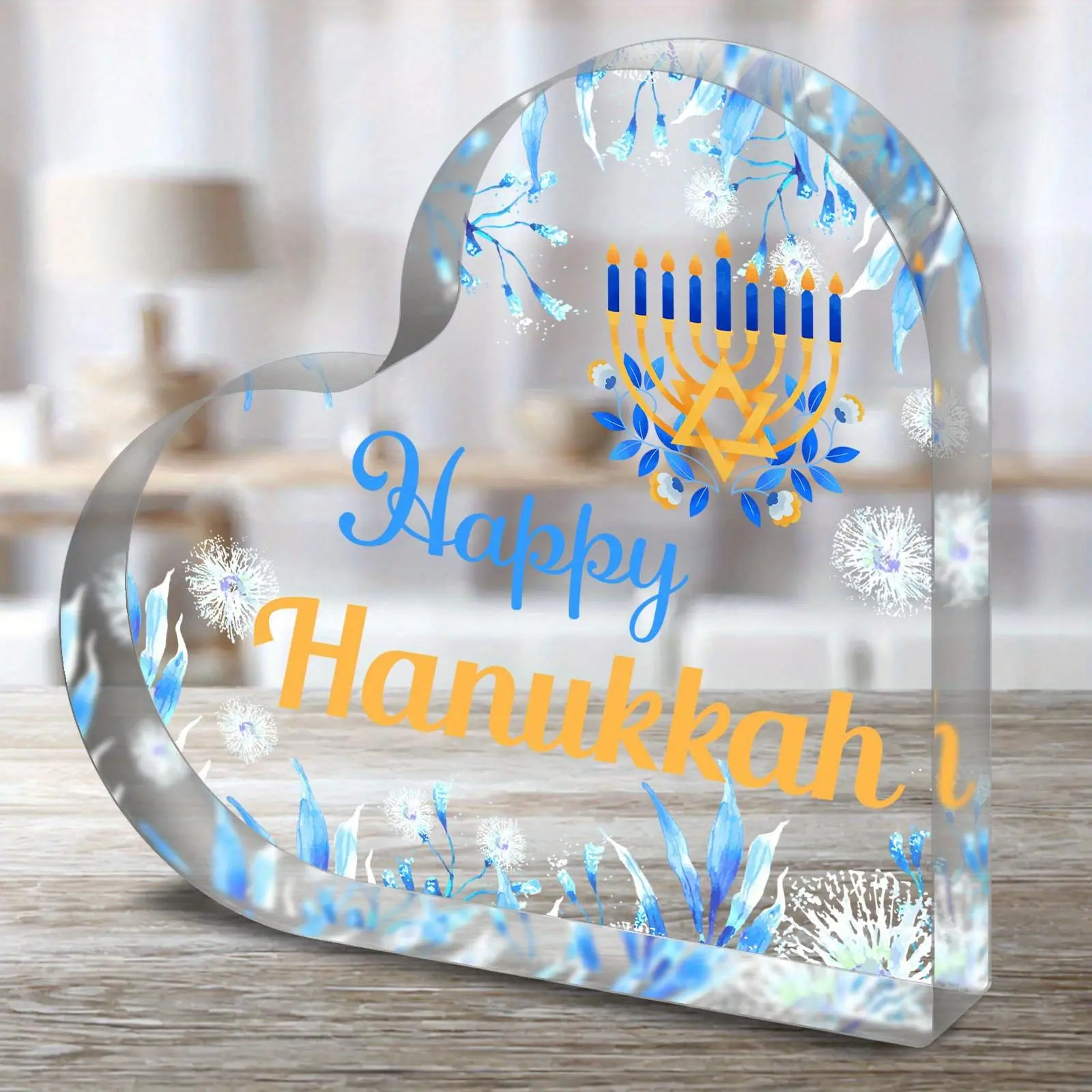 Acrylic Heart Shaped Happy Hanukkah Ornament, 1 Count Menorah Pattern Decorative Ornament, Desktop Ornament for Home Office Dormitory