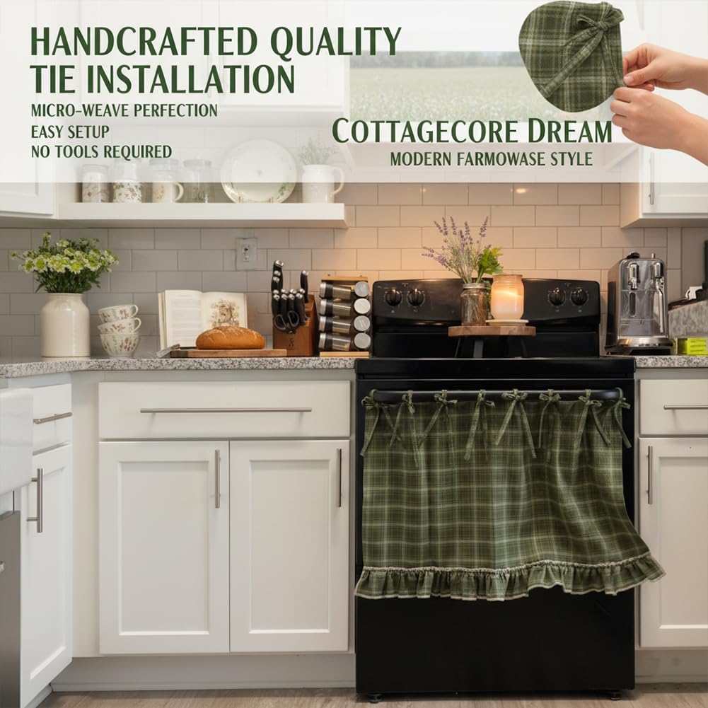 Handmade Oven Skirts Oven Skirt Curtain for Door, Oven Curtain Tie Top Farmhouse Kitchen Décor Heat-Resistant Effortless Install Hide Clutter for Oven,Dishwashers Washing Machine