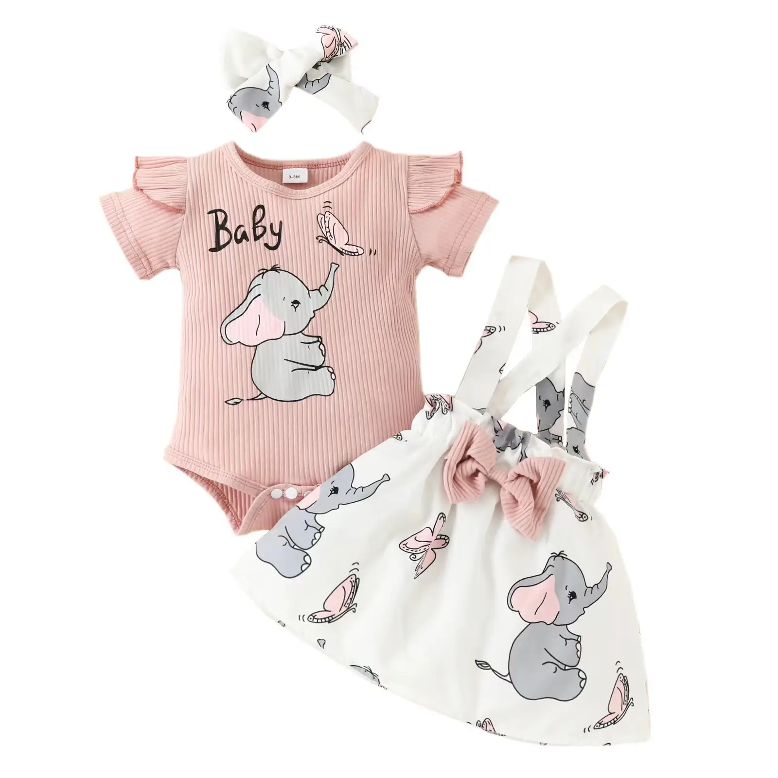 Baby Girl Clothes Suits Letter Elephant Print Short Fly Sleeve Romper Suspender Bib Straps Skirts Headband 3Pcs Set 0-18M Newborn Outfit