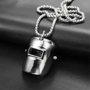 Stainless Steel Welder Helmet Pendant Necklace, Industrial Gothic Biker Jewelry for Men Women, Unique Statement Piece Gift for Punk Rock Enthusiasts