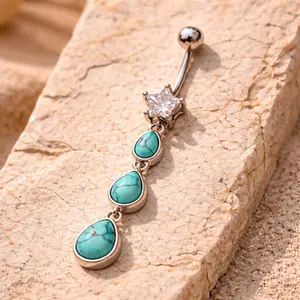 Stainless Steel Triple Teardrop Turquoise Dangle Navel Ring