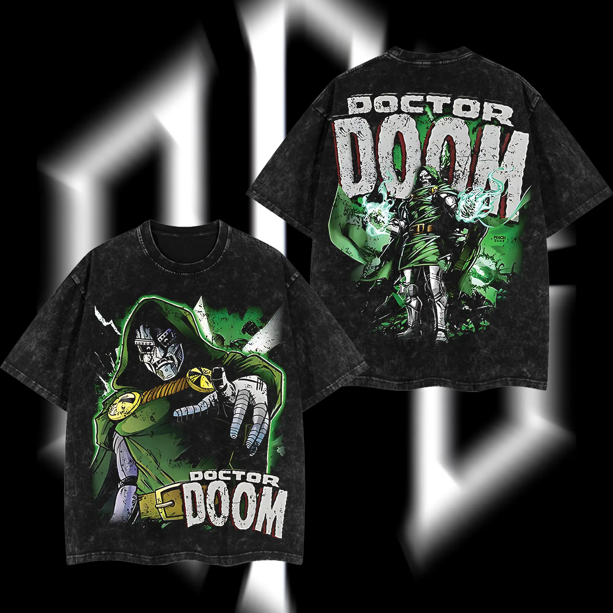 SuperStyle Dr.Doom "The Masked Tyrant" MCU Edition Oversize Seamless Soft Shortsleeve Cotton T-Shirt, Double-Printed Acid-Washed Lightweight Apparel, Round Neck Black Comic Superhero TV Series Graphic Streetwear (Menswear)