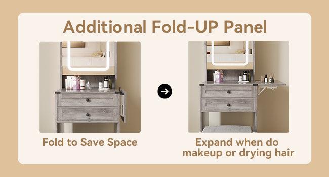 Farmhouse Small Vanity Desk Set with Mirror Cabinet Compact Makeup Vanity Set with 3 Adjustable Lights and Storage Chair for Compact Space,  Dressing Table with Fold-up Panel IF049