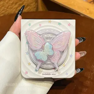 Cute Purple Butterfly Rotation For Magsafe Phone Grip Tok Stand For iPhone 17 16 15 Wireless Charging Case Magnetic Phone Holder