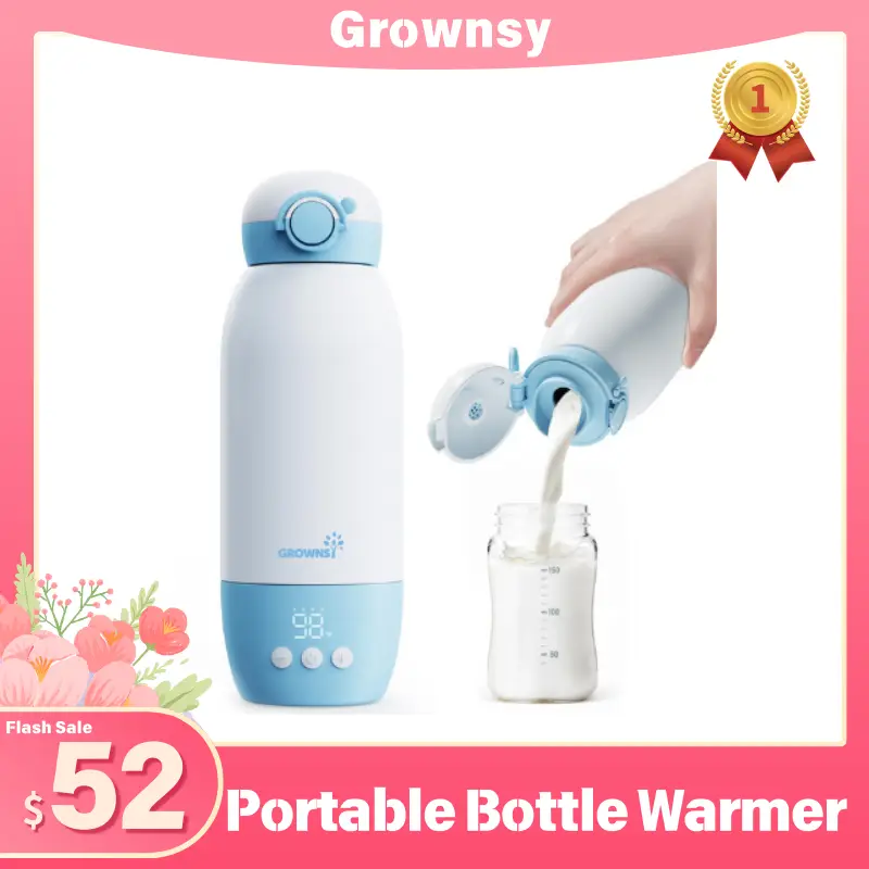 Grownsy Portable Bottle Warmer, Fast Baby Bottle Warmer On The Go, Cordless Travel Milk Warmer for Breastmilk/Formula, with Precise Temperature Contro
