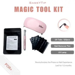 SASSYTIP Magic Tool Kit For Press on Nails, Easy to apply and remove, Pro+ sticky and waterproof, UV Tab&UV Lamp&Nail Remover Pen