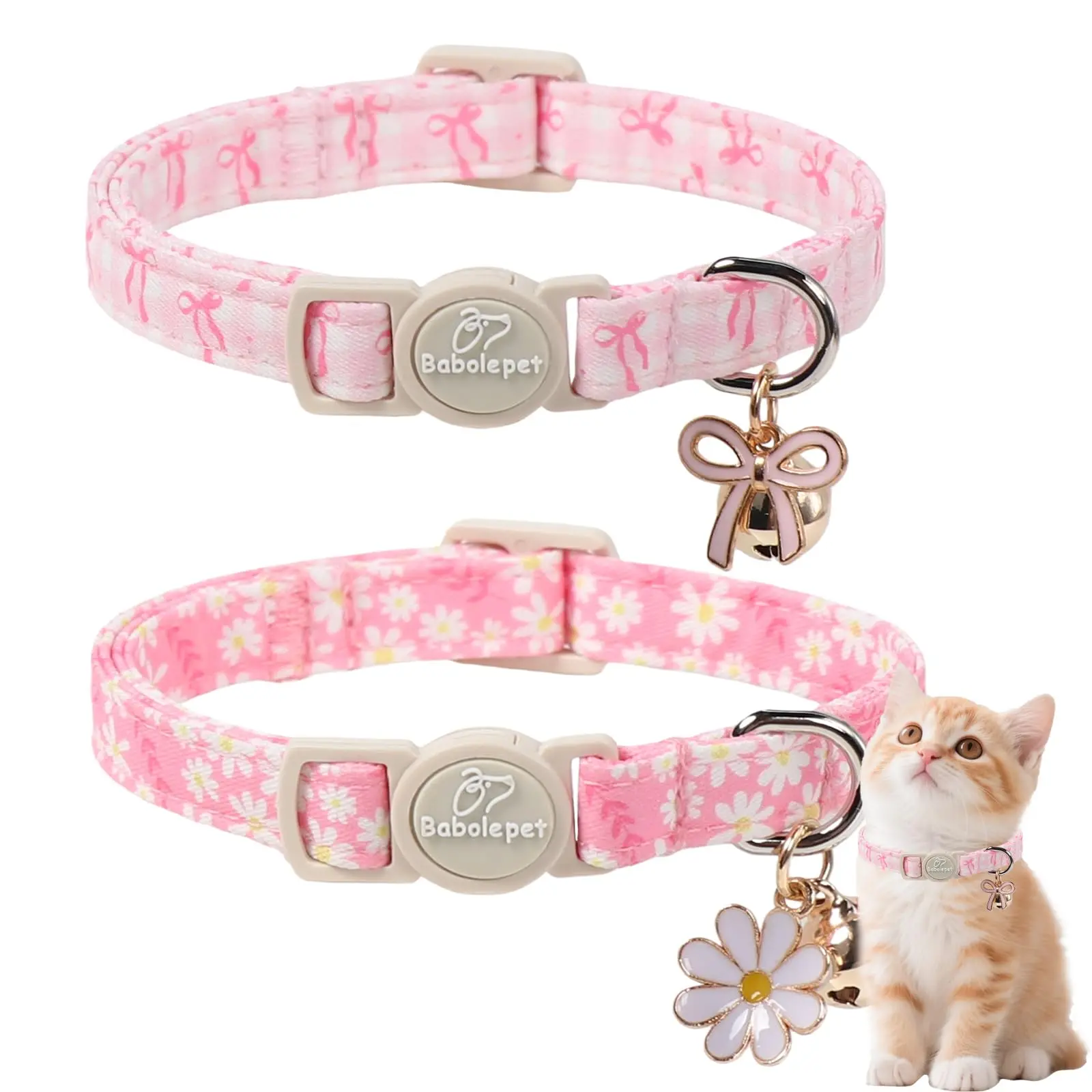 2-Pack Pink Cotton Fabric Cat Collars - Breakaway Safety, Detachable Bow, Daisy, Tracking Bell, Matching Pendant, Charming Designs, Chew Resistant, Soft Adjustable 7.8-12 In Small Breed Collars for Birthdays, Adoption Days