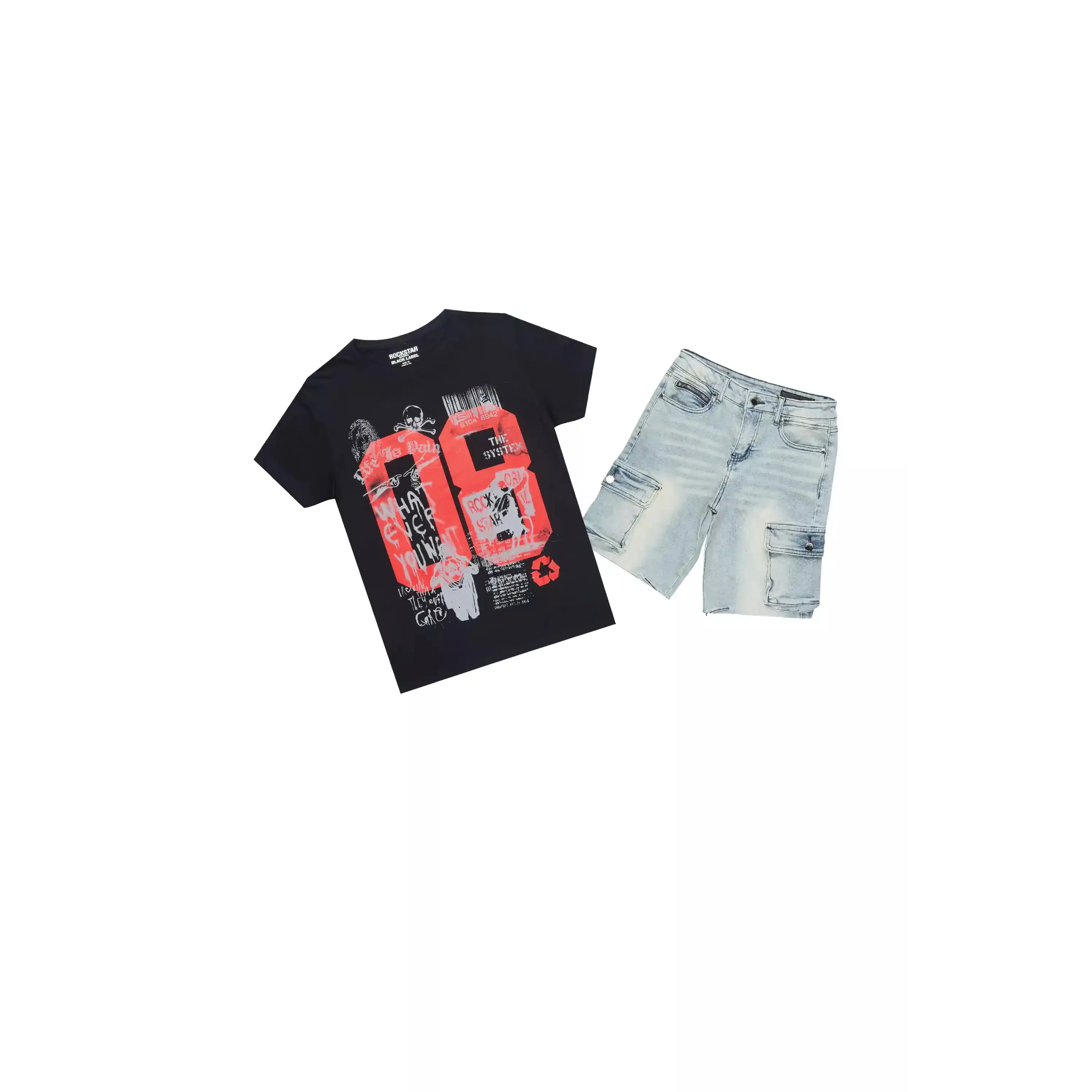 Boys Beau Black/Blue T-Shirt/Denim Short Set