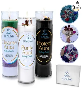 3-Piece Healing Aura Energy Scented Candle Gift Set with Crystals - Non-Toxic Aromatherapy Candles for Aura Cleansing, Purifying, and Protection - 11oz Aromatherapy Decor Fragrance