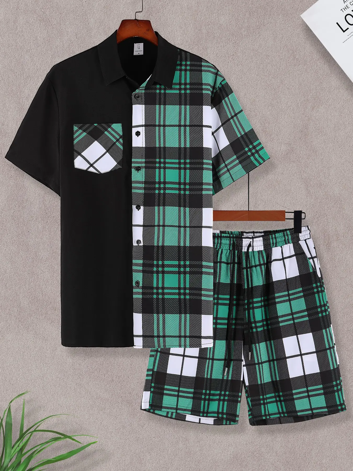 Men's Black & Green Plaid Checked Split-Design 2-Piece Loungewear Set, Casual Loungewear Outfit - Short Sleeve Polo Collar Shirt & Matching Drawstring Shorts, Soft Breathable Fabric, Relaxed Fit for At-Home Lounging, Lazy Weekends & Casual Evenings